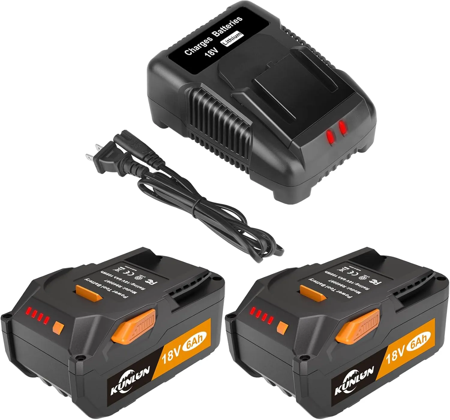 KUNLUN 2Pack 6Ah 18V Replacement Battery and Charger Combo Compatible for Ridgid 18V Battery for Ridgid Tools R840087 R840083 R840086 R840085 R840084 and Chargers R840091 R840093 R840095