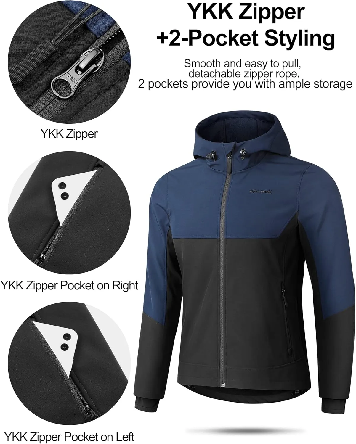 KUTOOK Men's Hooded Softshell Cycling Jacket Thermal Fleece Windbreaker Windproof Warm Jacket Outdoor Hiking