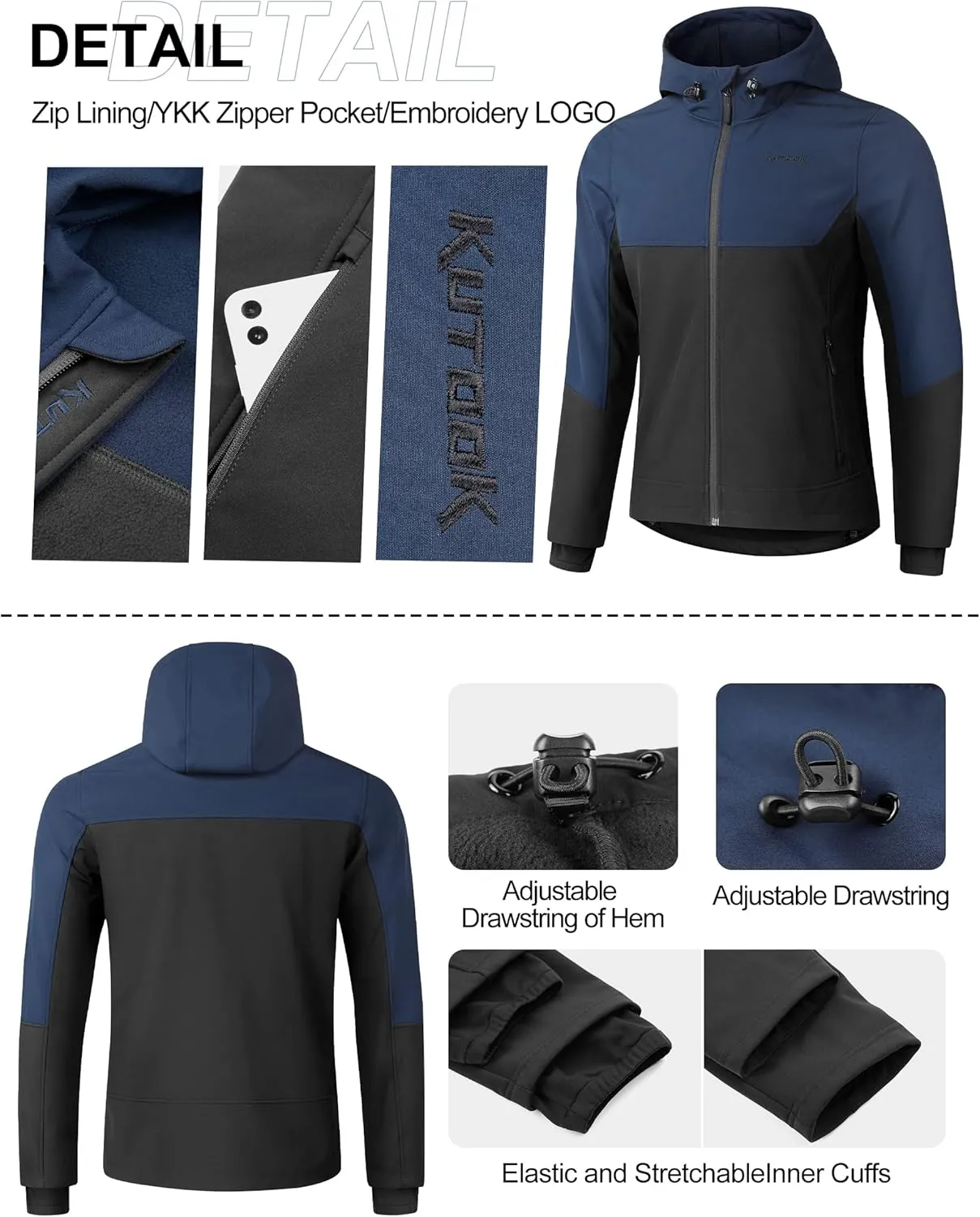 KUTOOK Men's Hooded Softshell Cycling Jacket Thermal Fleece Windbreaker Windproof Warm Jacket Outdoor Hiking