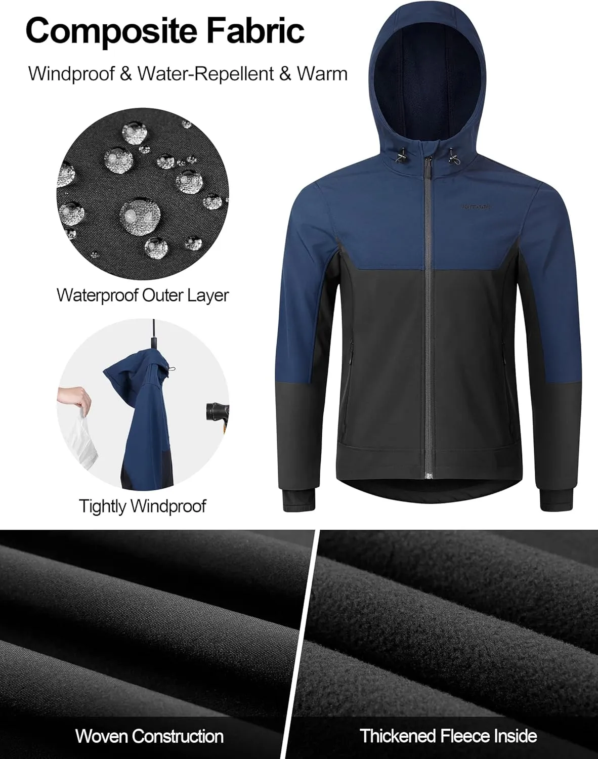 KUTOOK Men's Hooded Softshell Cycling Jacket Thermal Fleece Windbreaker Windproof Warm Jacket Outdoor Hiking