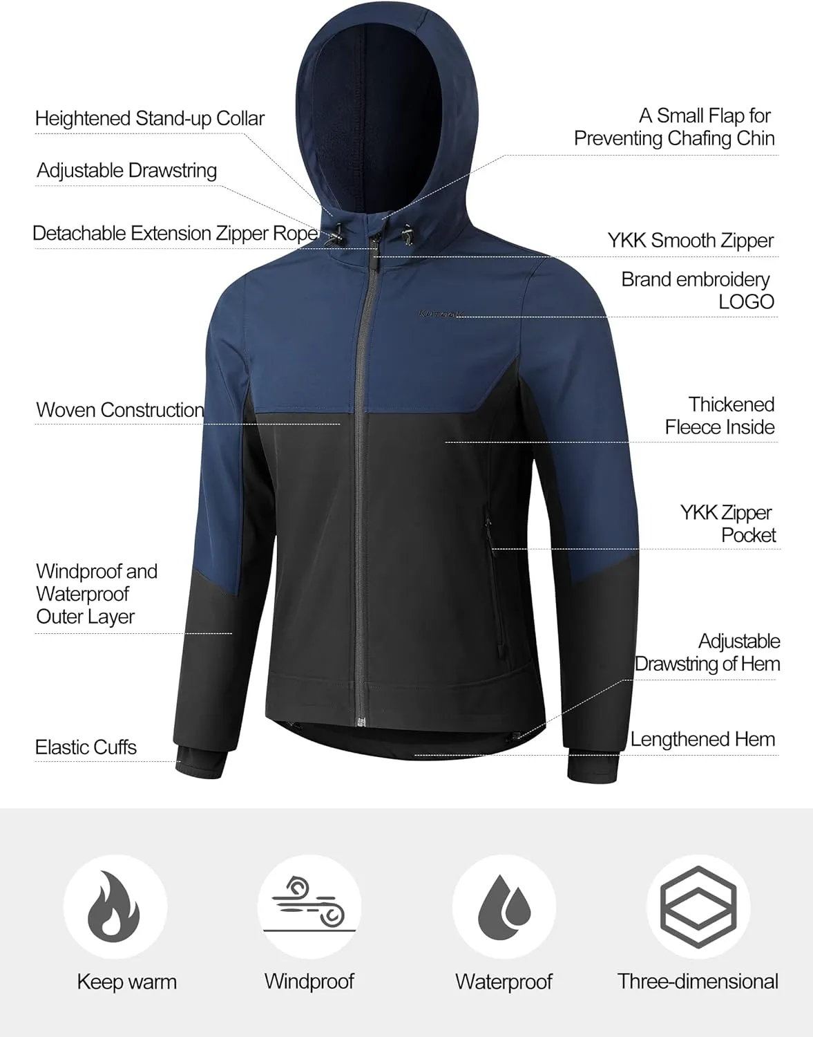 KUTOOK Men's Hooded Softshell Cycling Jacket Thermal Fleece Windbreaker Windproof Warm Jacket Outdoor Hiking