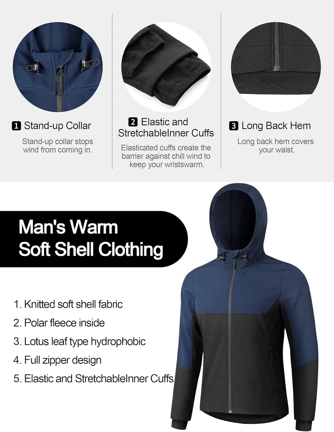 KUTOOK Men's Hooded Softshell Cycling Jacket Thermal Fleece Windbreaker Windproof Warm Jacket Outdoor Hiking