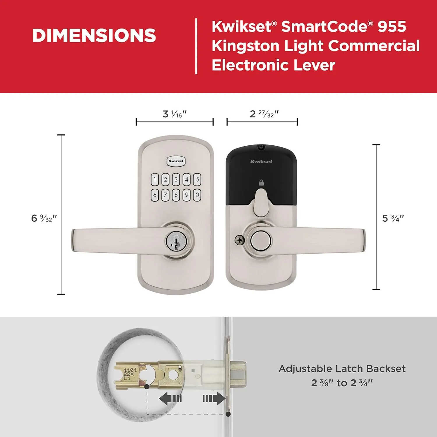 Kwikset SmartCode 955 Light Commercial 10-Button Keypad Satin Nickel Electronic Kingston Lever, Featuring Convenient Keyless Entry, 3-Year Battery Life and High Traffic Durability