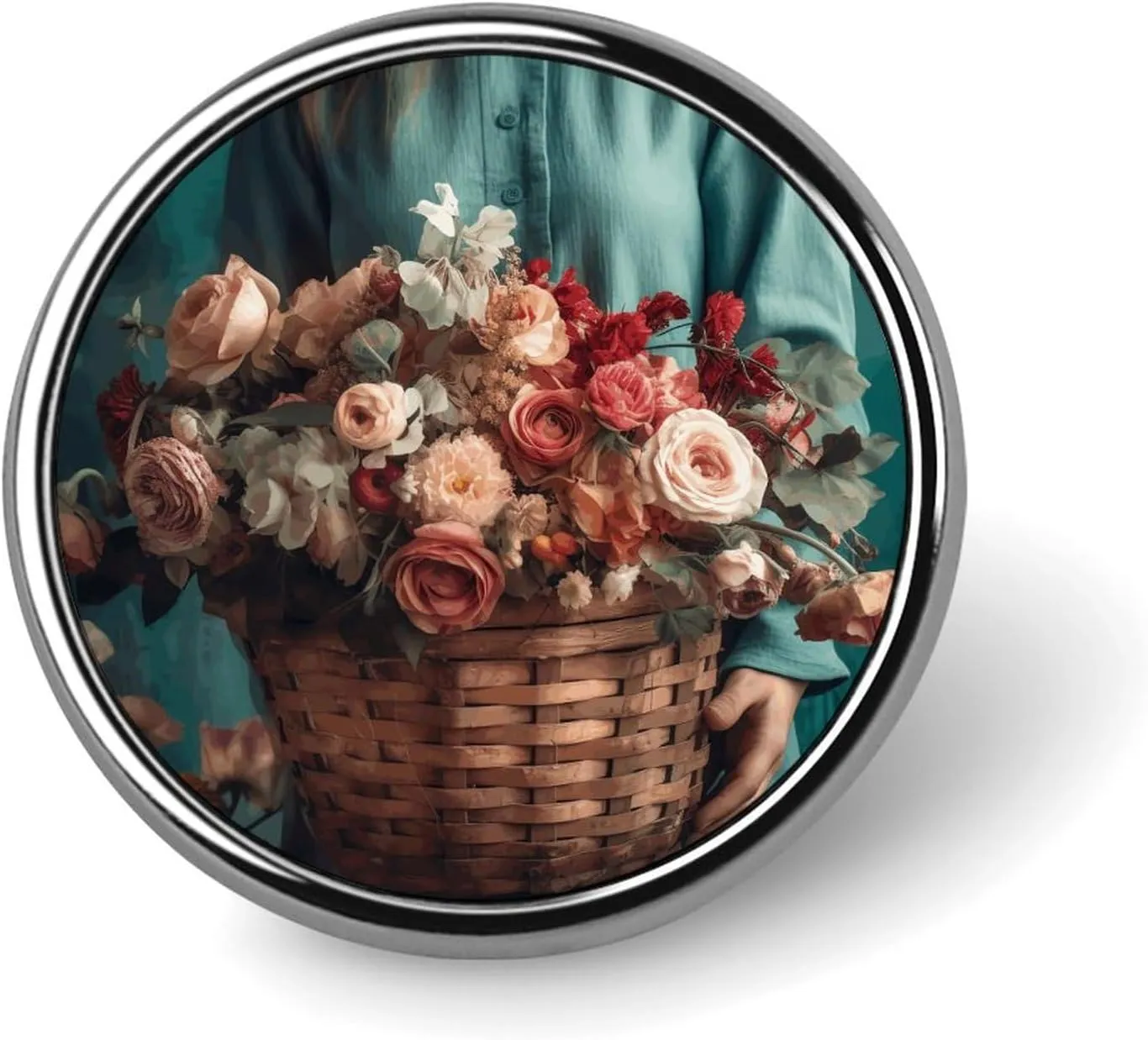 Lady Holding A Basket Round Badge Personalized Lapel Brooch Lightweight Durable Tinplate Badge for Hat Clothes Backpack Pins Decor
