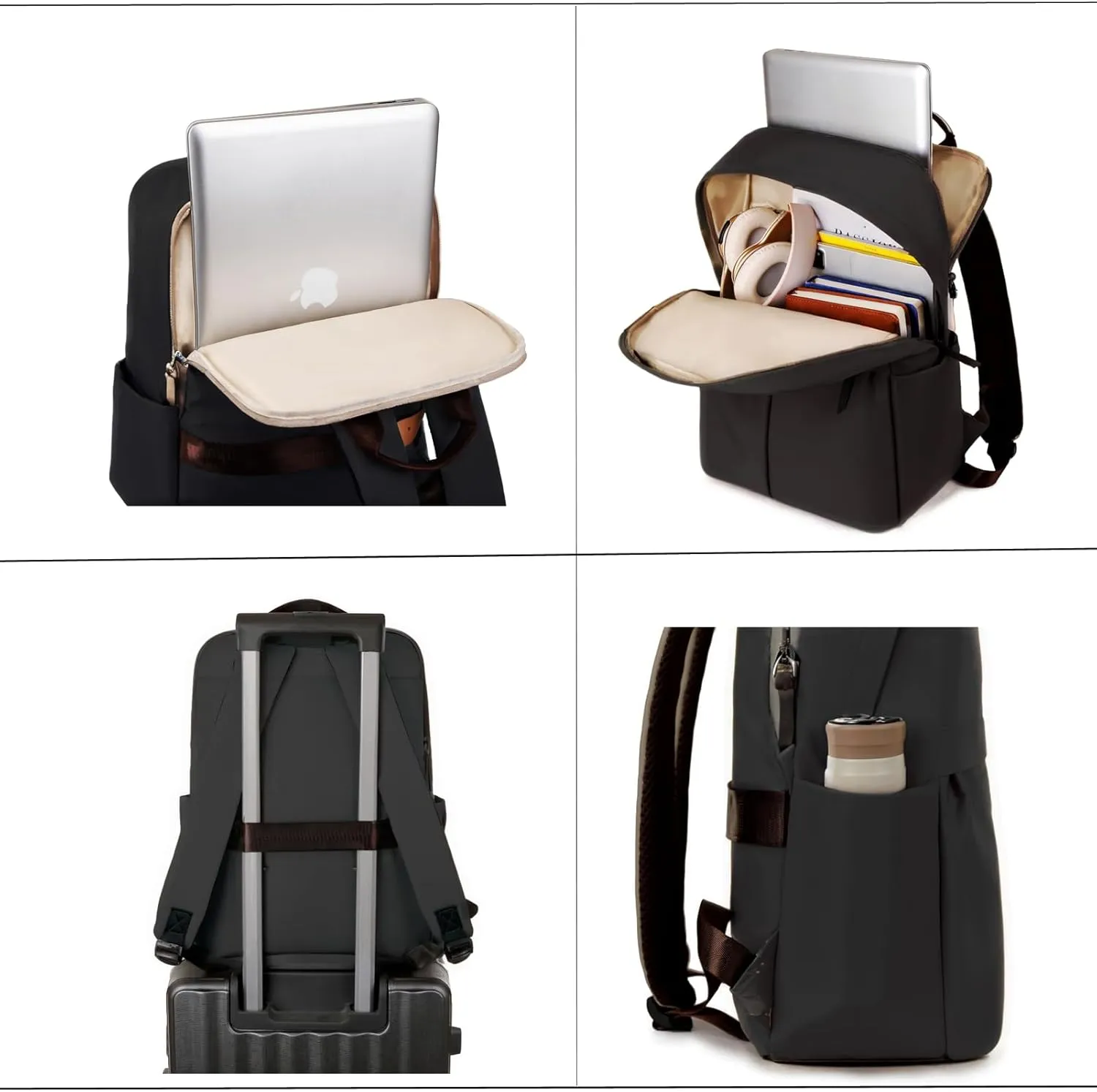 Laptop Backpack 15.6 Inch Stylish Daypack with USB Charging Port, Water-repellent Nylon Backpack Backpack for Travel/Business/Women/Black