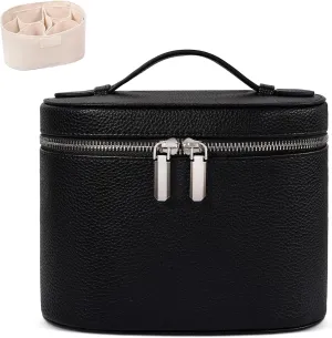Leather Make Up Bags With Compartments, Brown travel Cosmetic Bags for Women, Parallel Makeup Travel Bags Organizer Equipped With a Detachable Divider (black)