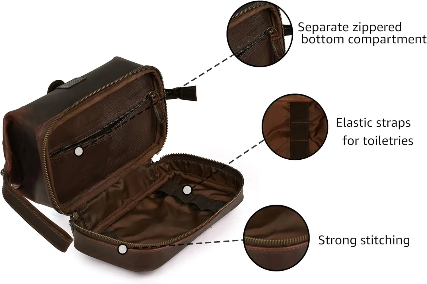 LEATHER VILLAGE Genuine Leather Dopp Kit – Large Travel Toiletry Bag with Waterproof Lining, Dual-Zip Design for Men & Women, Organizer for Shaving, Makeup & Essentials - Cherry