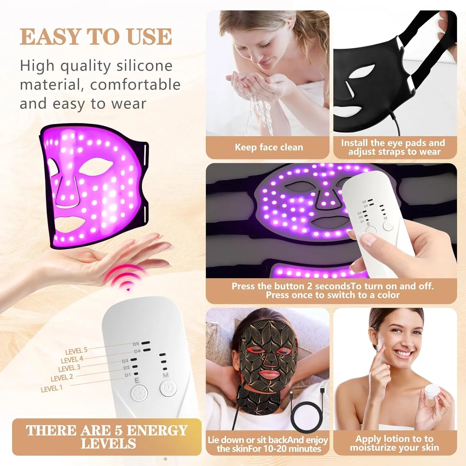 Led Face Mask Light Therapy,Red Light Therapy for Face and Neck,7 Colors LED Facial Skin Care Mask,5 Level Brightness Adjustment,309 LED Beads Can Be Used at Home,Black Gold