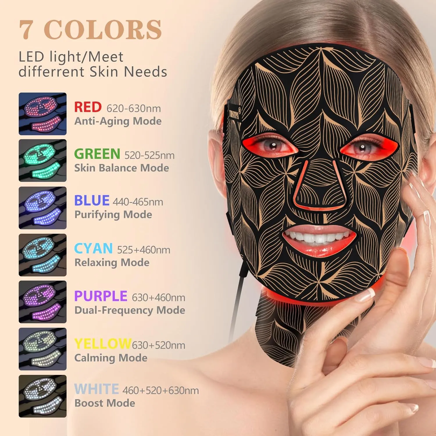 Led Face Mask Light Therapy,Red Light Therapy for Face and Neck,7 Colors LED Facial Skin Care Mask,5 Level Brightness Adjustment,309 LED Beads Can Be Used at Home,Black Gold