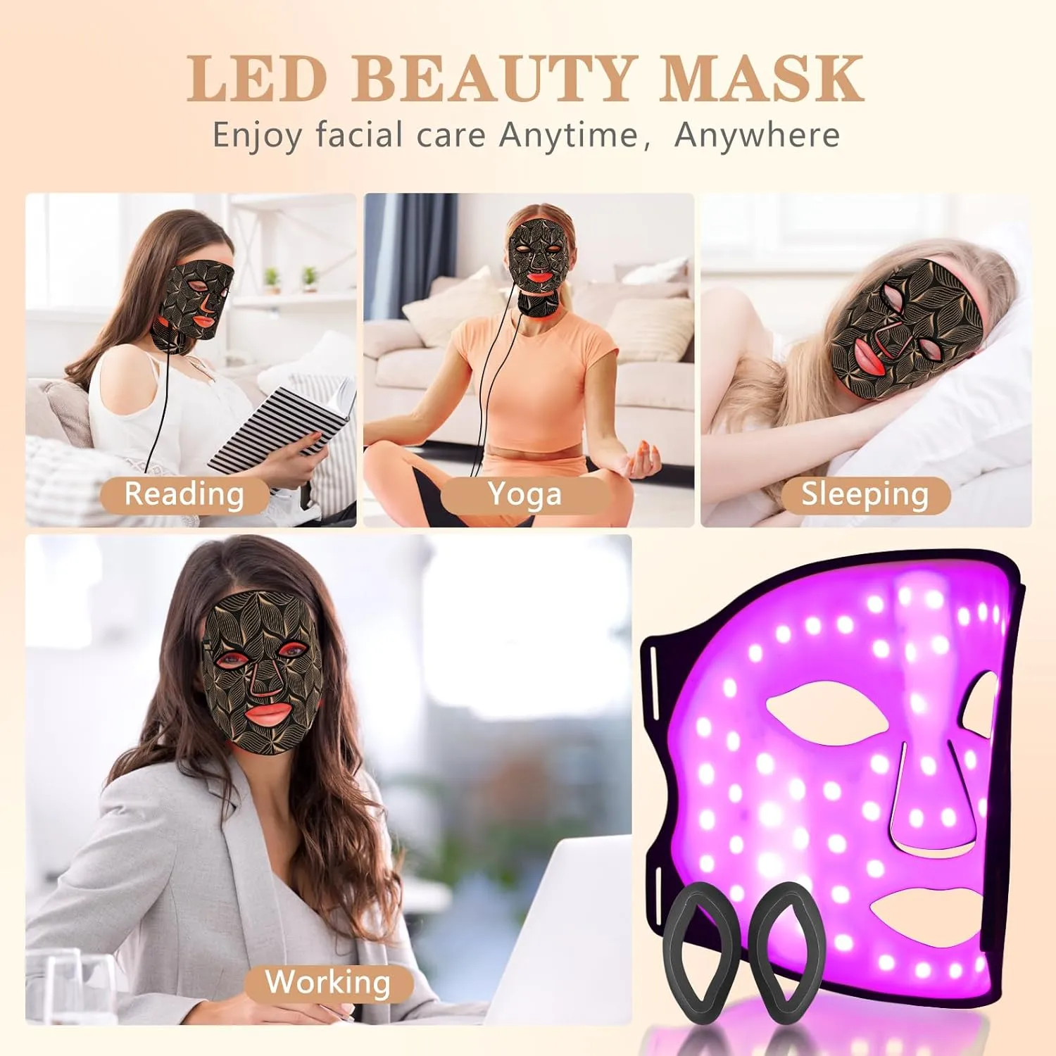 Led Face Mask Light Therapy,Red Light Therapy for Face and Neck,7 Colors LED Facial Skin Care Mask,5 Level Brightness Adjustment,309 LED Beads Can Be Used at Home,Black Gold