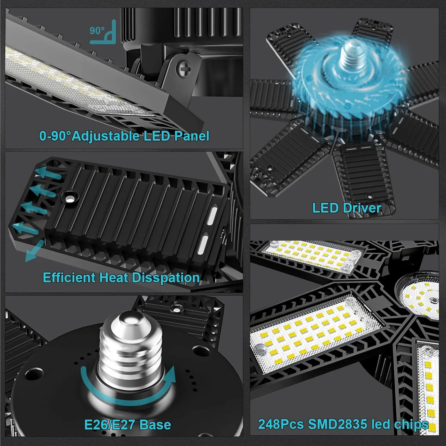 LED Garage Light 4 Pack - 200w 20000LM 6500K Garage Lights Ceiling LED with 7 1 Adjustable Panels, Shop Lights Screw in E26 E27 Bulb Socket for Workshop, Storage Room, Basement, Warehouse