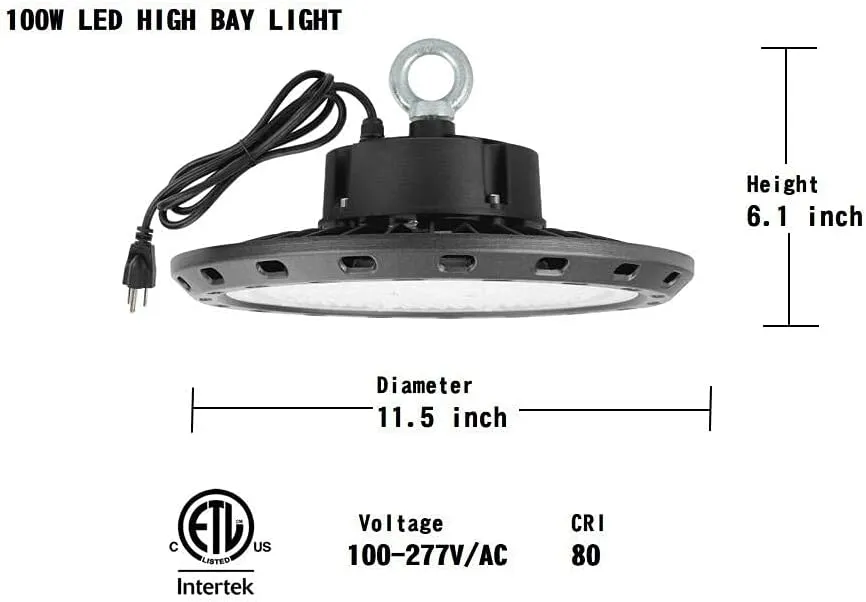 LED High Bay Light 100W 14,000lm 5000K Daylight White,ETL Certified LED Warehouse Light