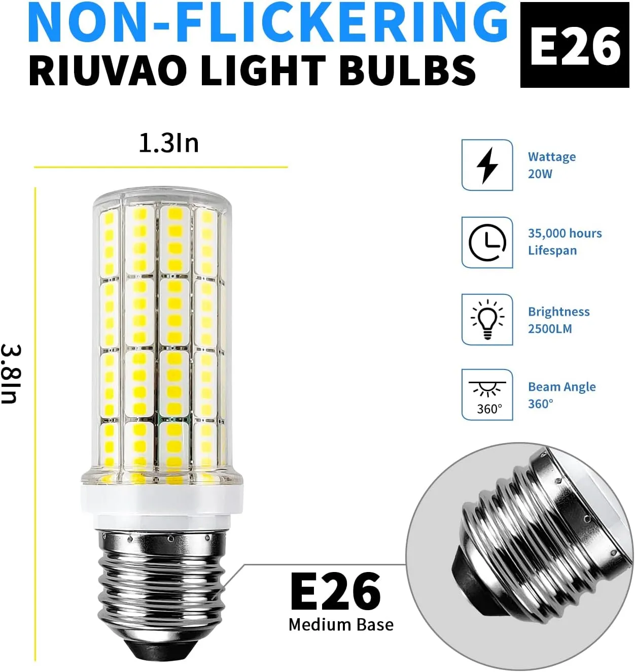 Led Light Bulb 6pcs 200w Equivalent 2500 Lumen 5000k Cool Daylight White 20w Super Bright Led Bulb E26/E27 Base Waterproof led Corn Light Bulb for Home Garage Warehouse Indoor Outdoor LEDs Corn Bulbs