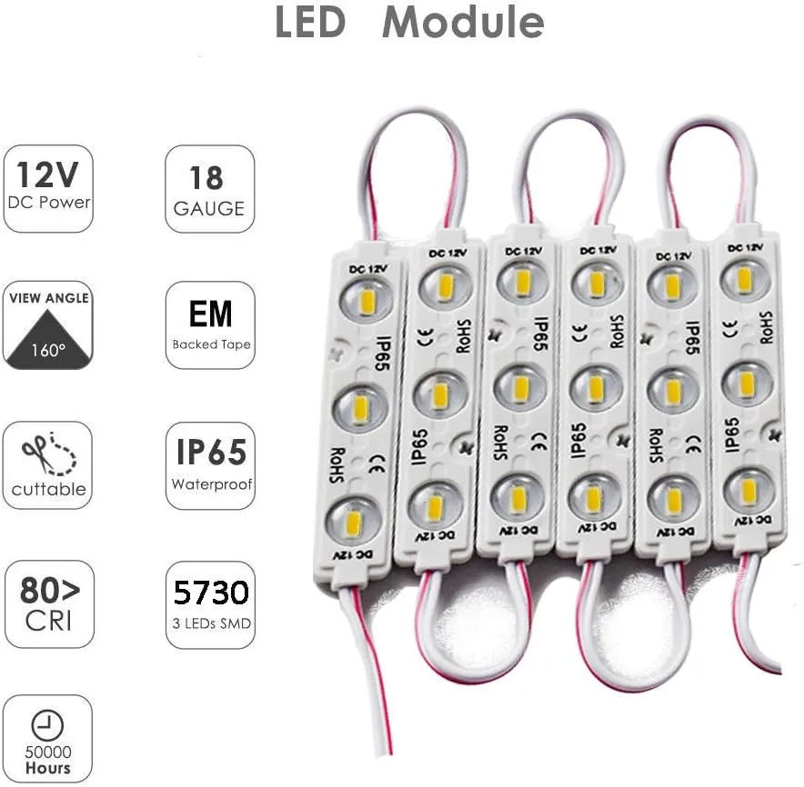 LED Module, 3000K LED Decorative Light 20pcs 9.8Ft 5730SMD 150LM Per LED Module Lights Decorative Light for Letter Sign Advertising Signs with Tape Adhesive Backside (Warm White Light)