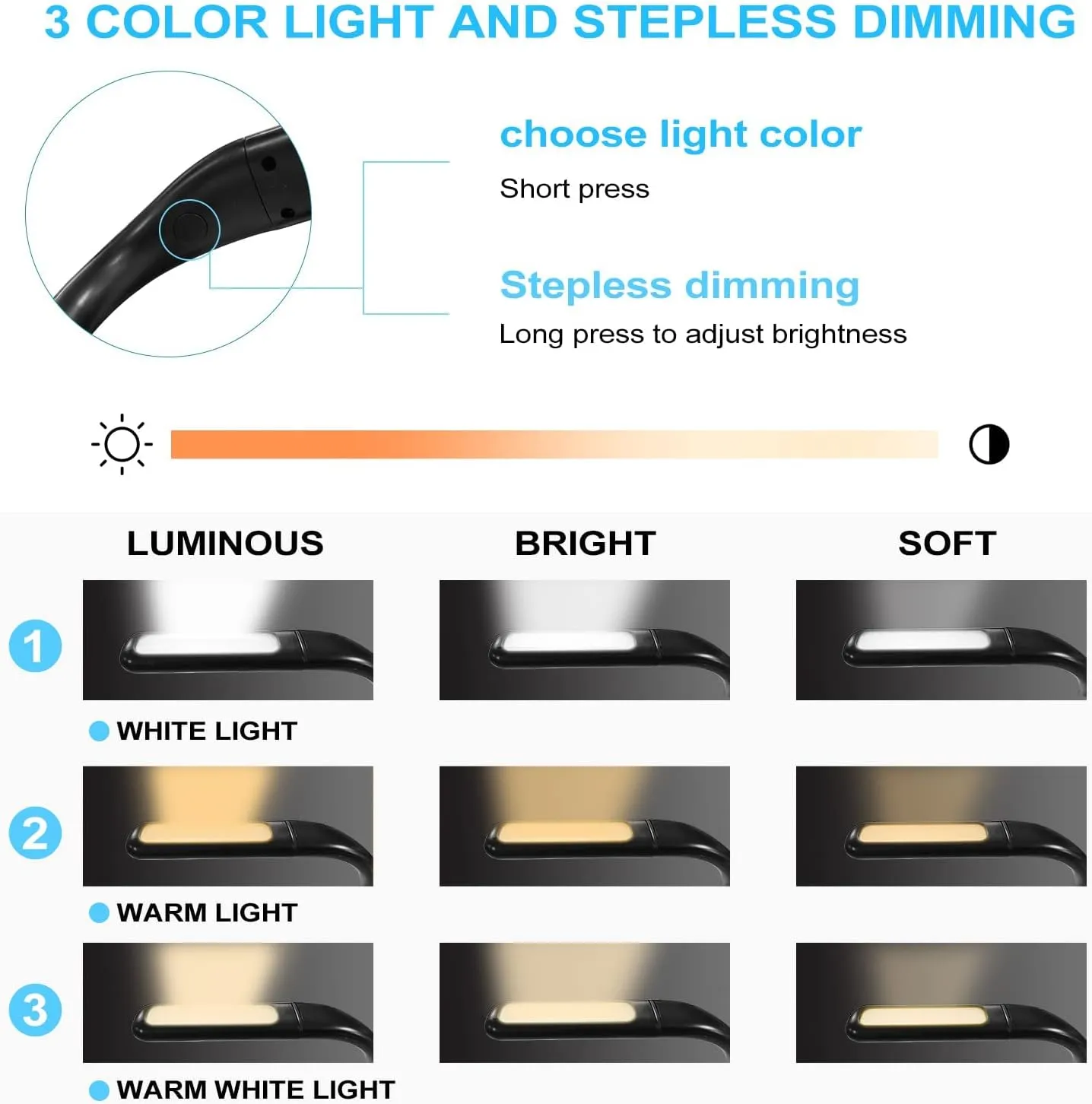 LED Neck Reading Light, Adjustable Brightness Desk Lamp, 3 Color Light with Bendable Arms, Suitable for Repairing, Night Running, Walking, Knitting, Camping (2PCS)