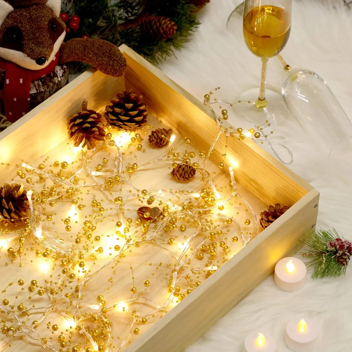 LED Pearl Berry Beaded Garland String Light 13 ft 40 Bead Light for Indoor Outdoor Festive Birthday Party Wedding DIY Home Mantel Decoration 2 Flicker Modes (Gold)