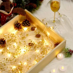 LED Pearl Berry Beaded Garland String Light 13 ft 40 Bead Light for Indoor Outdoor Festive Birthday Party Wedding DIY Home Mantel Decoration 2 Flicker Modes (Gold)