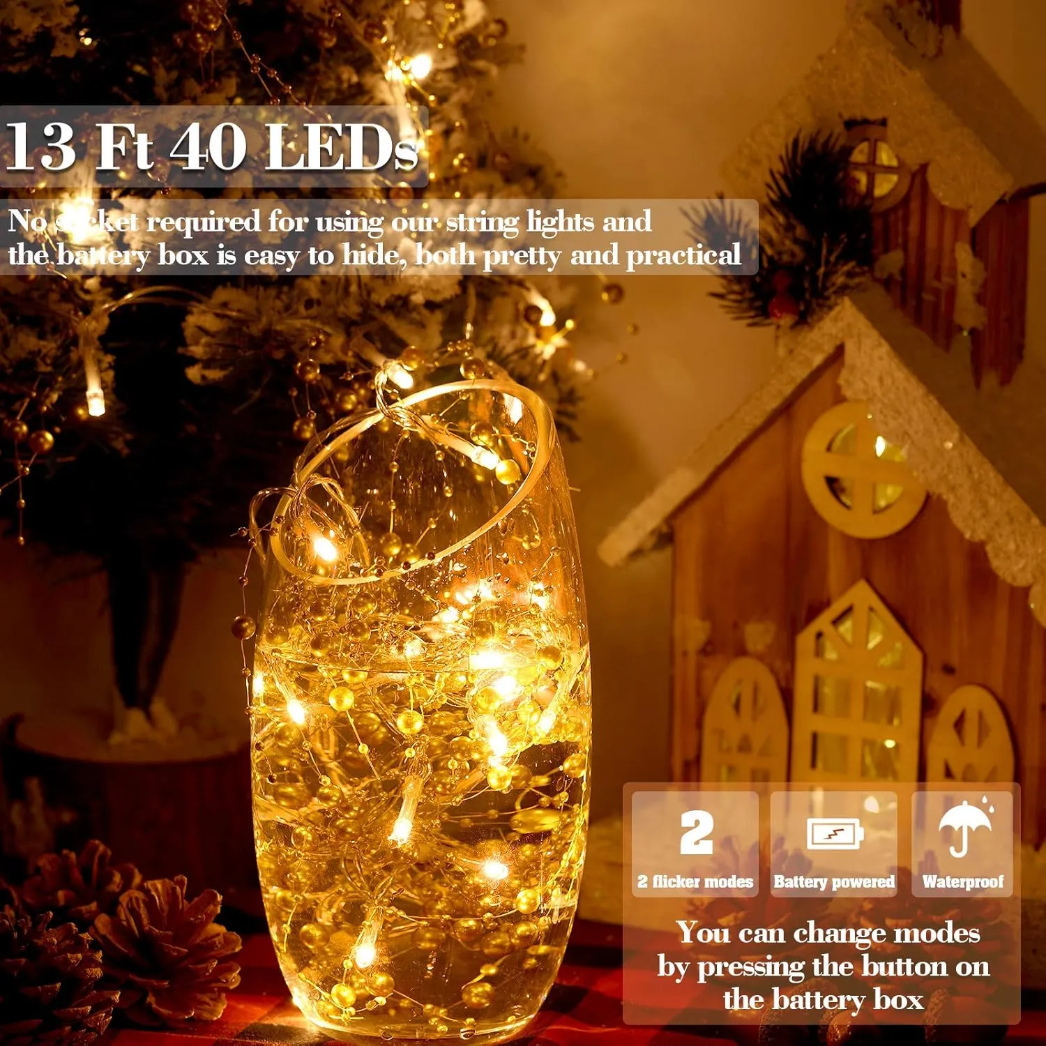 LED Pearl Berry Beaded Garland String Light 13 ft 40 Bead Light for Indoor Outdoor Festive Birthday Party Wedding DIY Home Mantel Decoration 2 Flicker Modes (Gold)