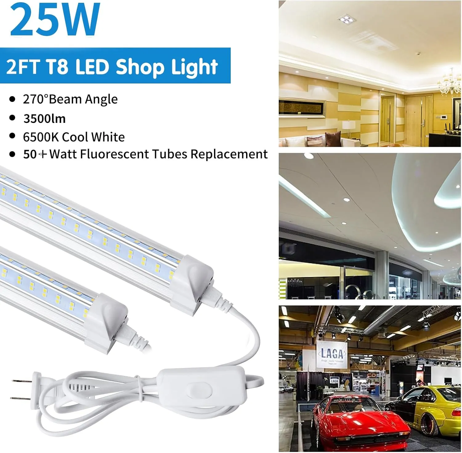 Led Shop Light 2ft, Led Shop Light,25W 6500K 3200LM Clear Cover,T8 LED Light Fixture,Ceiling and Utility Shop Lights, Linkable Light Fixture for Room, Garage, Workbench, Warehouse(2-Pack)