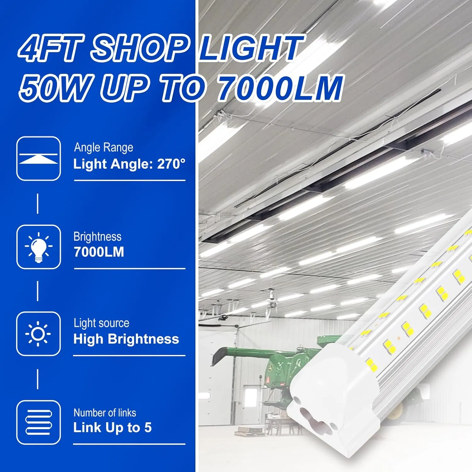 Led Shop Lights,4FT LED Light 50W 6500K 7000LM Led Daylight,Garage Light Linkable Clear Cover Integrated V-Shape for Garage Warehouse Workbench Workshop(2-Pack)