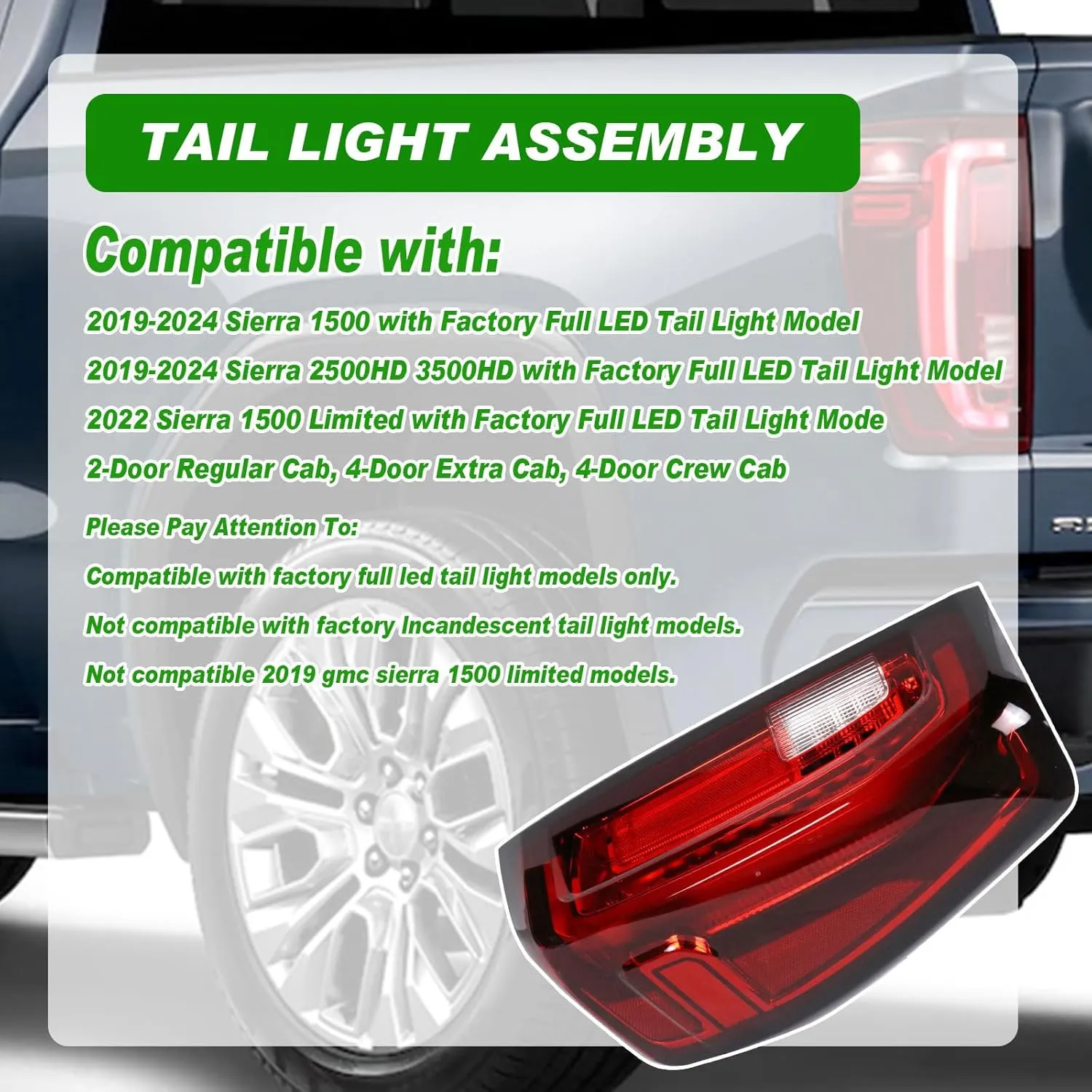 LED Tail Light Assembly Compatible with 2019-2024 GMC Sierra 1500/2500HD/3500HD,Right Passenger Side Taillights Rear Lamp with Signature Brake Light Replace# 84565922 GM2801310
