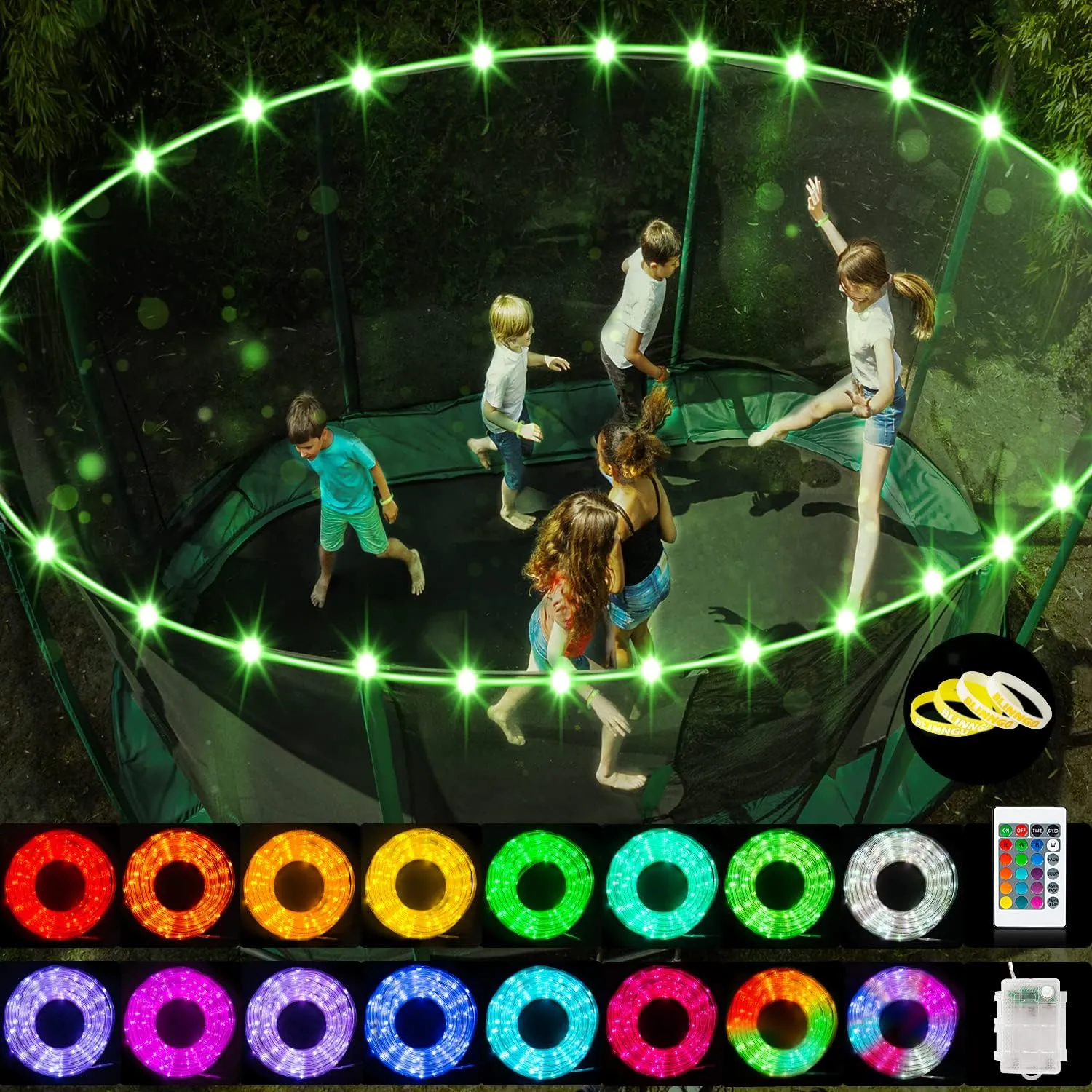 LED Trampoline Lights,Upgraded Led Lights for 10Ft,12Ft,14Ft,16Ft Trampoline, Remote Control 4 Modes 16 Color, Battery Case Powered Waterproof, Jump Change The Light Color