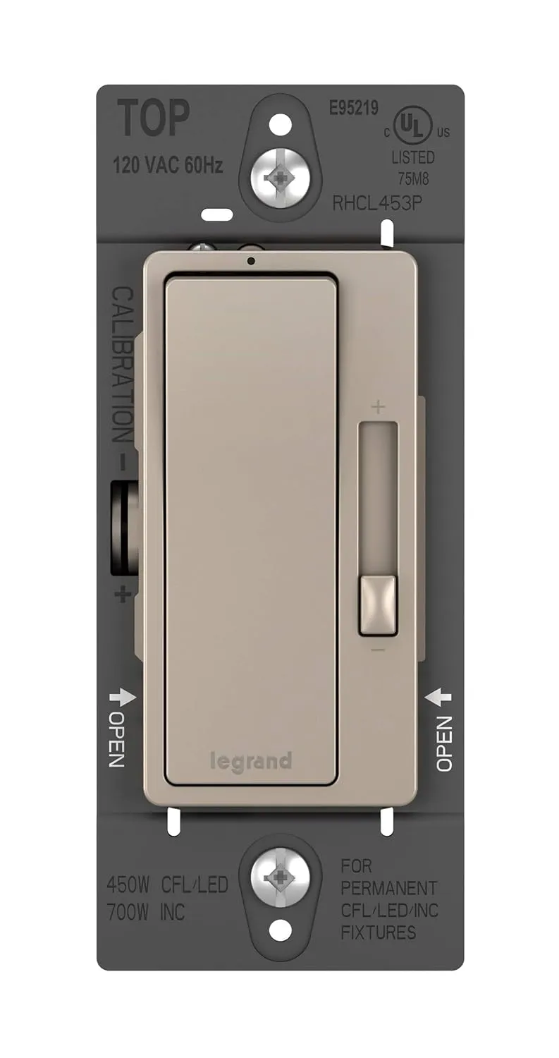 Legrand radiant RH453PNICCV6 450W Preset Decorator Rocker Dimmer Light Switch with Locator Light for Dimmable LED and CFL Bulbs, Single Pole/3-Way, Nickel (1 Count)