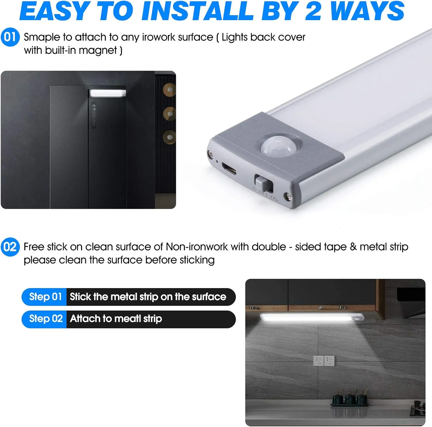 LEPOTEC 30 LED Under Counter Closet Lighting, Pantry Light, LED Motion Sensor Cabinet Light Battery Powered Operated Light 1800mah Rechargeable Wireless Motion Sensor Closet Light (1 Pack)