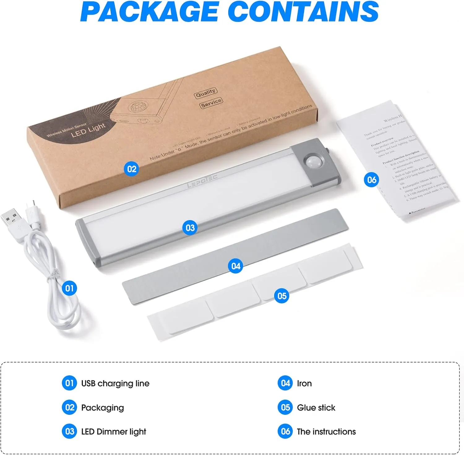 LEPOTEC 30 LED Under Counter Closet Lighting, Pantry Light, LED Motion Sensor Cabinet Light Battery Powered Operated Light 1800mah Rechargeable Wireless Motion Sensor Closet Light (1 Pack)