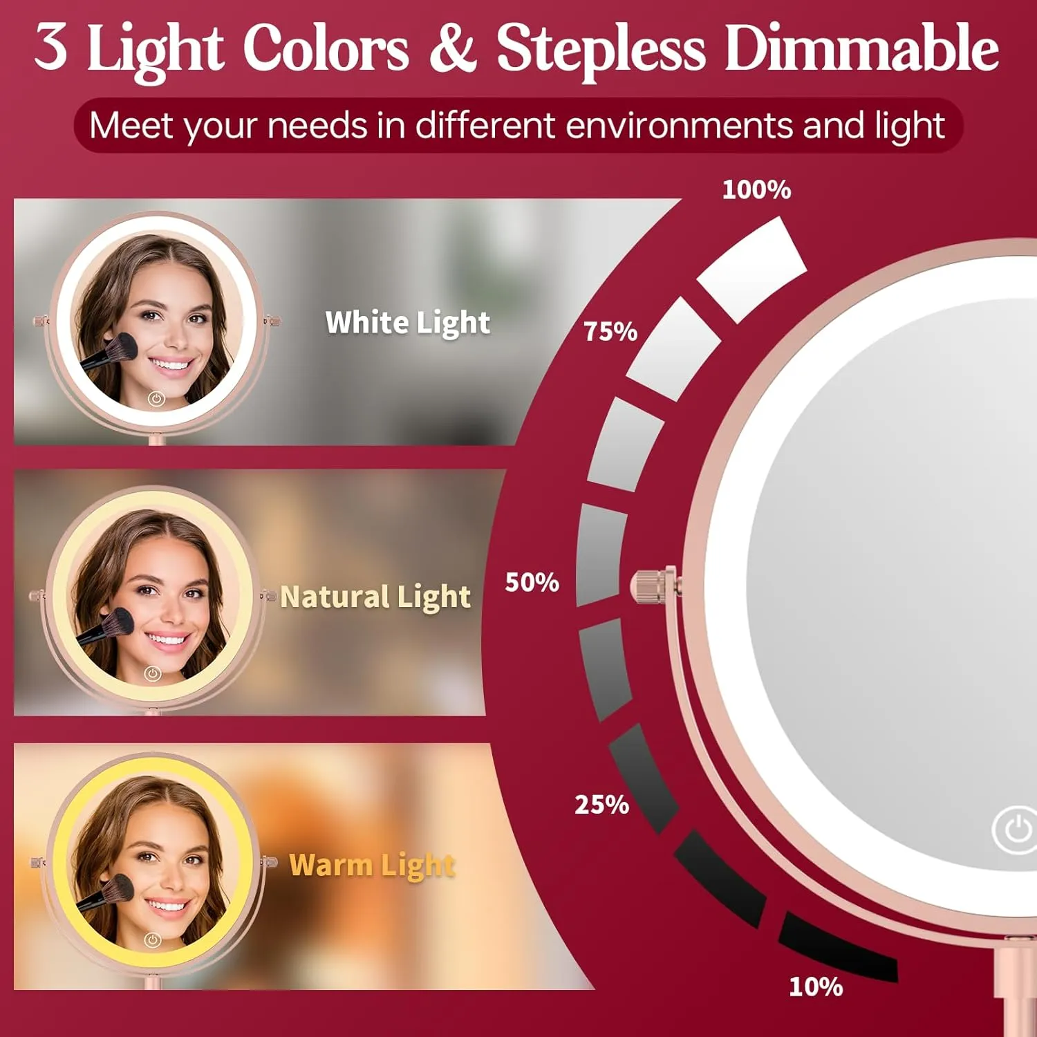 Lighted Makeup Mirror with Lights and Magnification 10X/1X 360° Swivel Double Sided Rechargeable 9" Cosmetic Mirror, 3 Color Dimmable & Height Adjustable Vanity Mirror Rose Gold