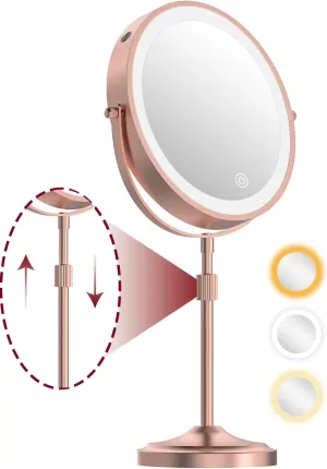 Lighted Makeup Mirror with Lights and Magnification 10X/1X 360° Swivel Double Sided Rechargeable 9" Cosmetic Mirror, 3 Color Dimmable & Height Adjustable Vanity Mirror Rose Gold