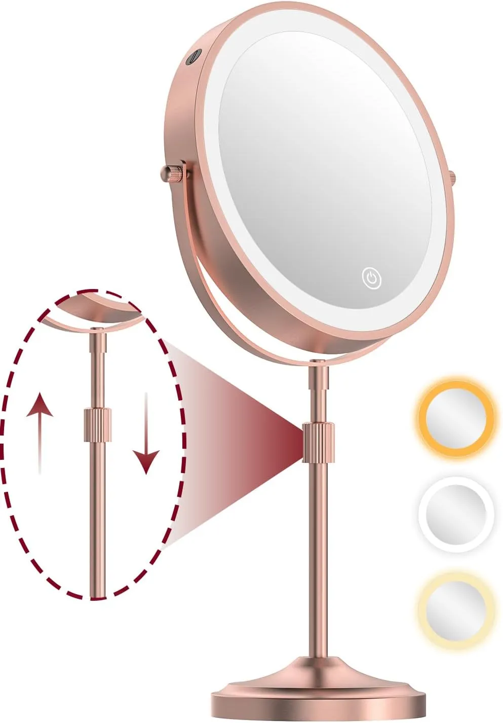 Lighted Makeup Mirror with Lights and Magnification 10X/1X 360° Swivel Double Sided Rechargeable 9" Cosmetic Mirror, 3 Color Dimmable & Height Adjustable Vanity Mirror Rose Gold
