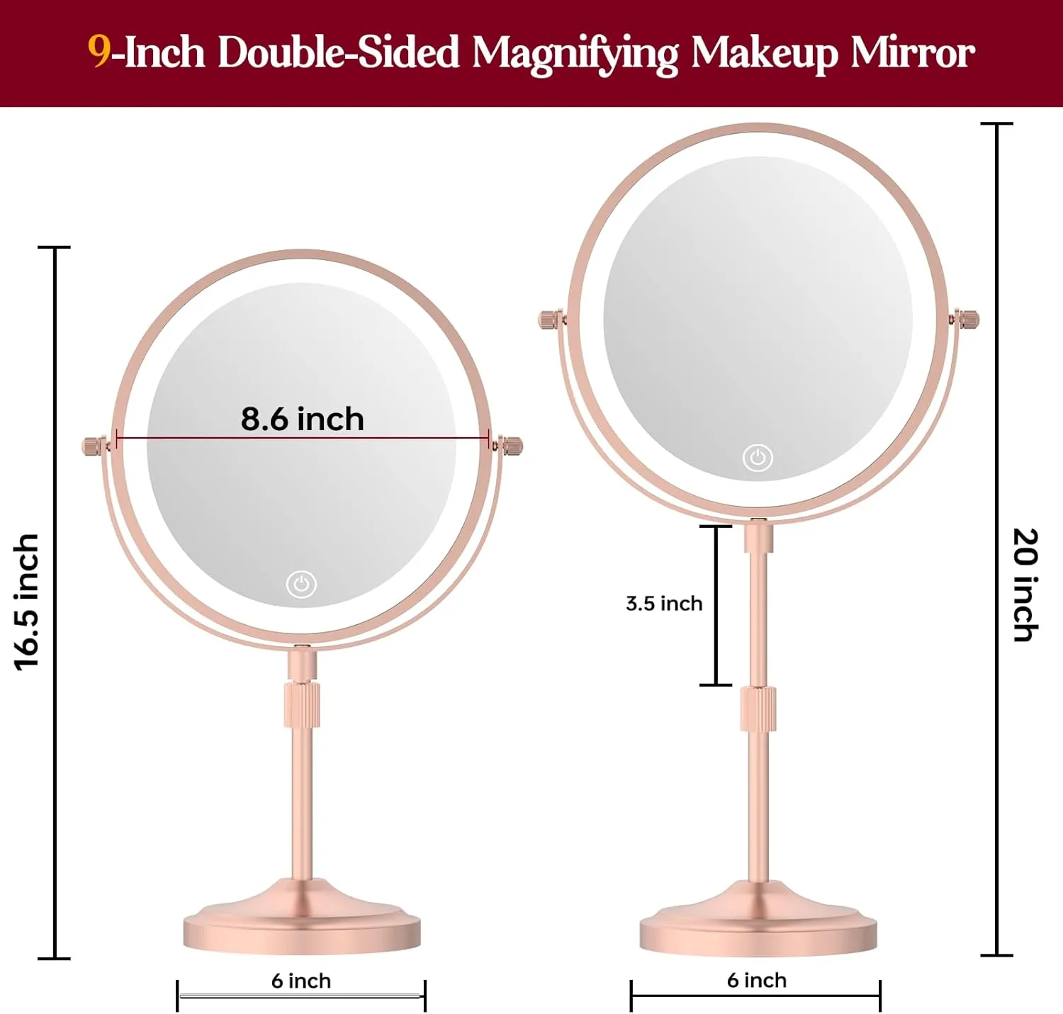 Lighted Makeup Mirror with Lights and Magnification 10X/1X 360° Swivel Double Sided Rechargeable 9" Cosmetic Mirror, 3 Color Dimmable & Height Adjustable Vanity Mirror Rose Gold