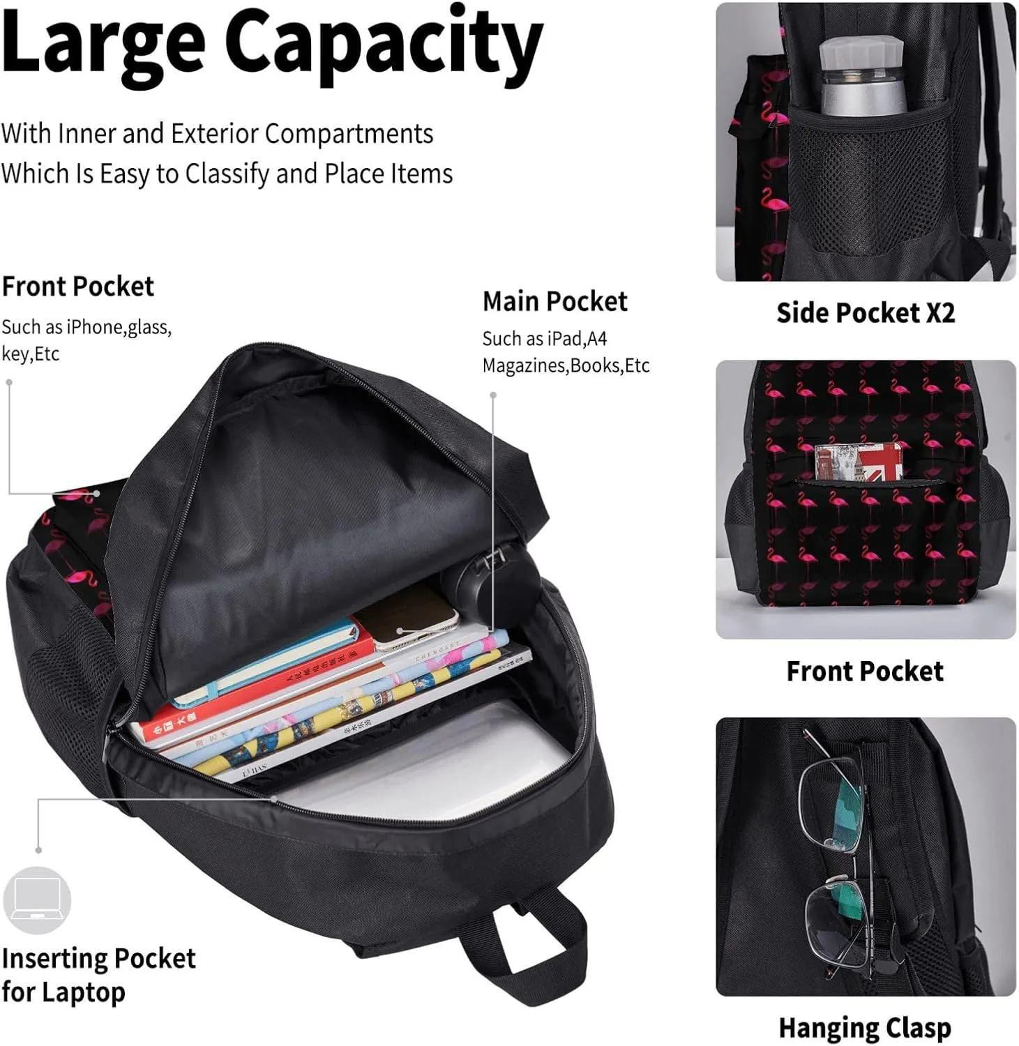 Lightweight Backpack For Unisex Bookbag Backpack With Insulated Lunch Tote & Pencil Case BookBag Set (Compatible With Pink Flamingos)