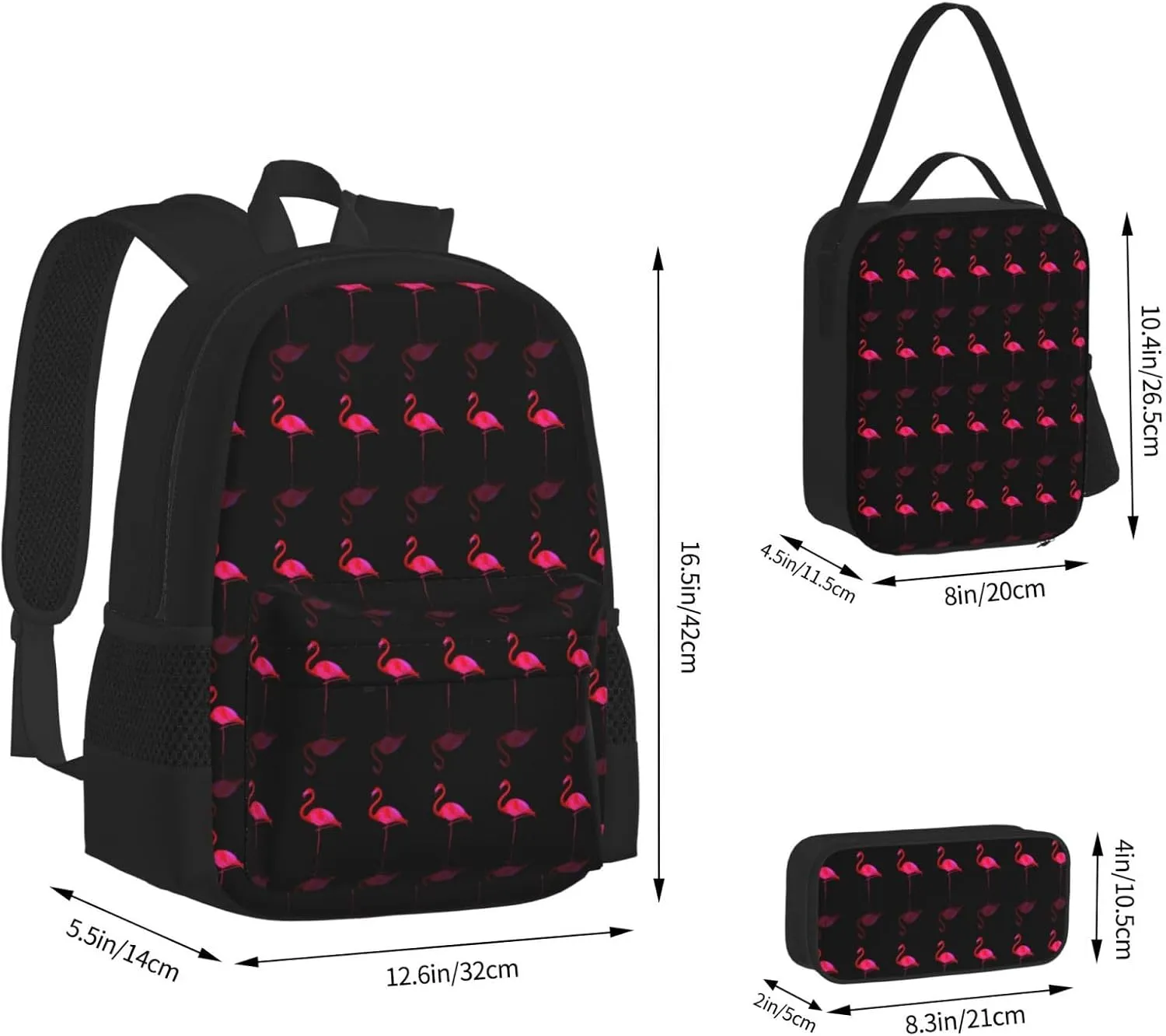 Lightweight Backpack For Unisex Bookbag Backpack With Insulated Lunch Tote & Pencil Case BookBag Set (Compatible With Pink Flamingos)