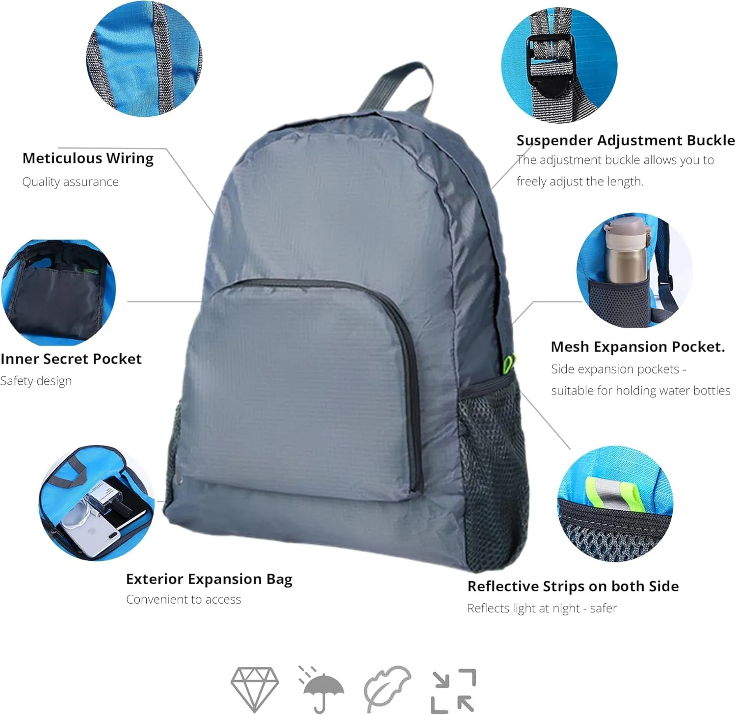 Lightweight Packable Foldable Backpack for Travel & Hiking - Outdoor Backpack for Women & Men (Gray)