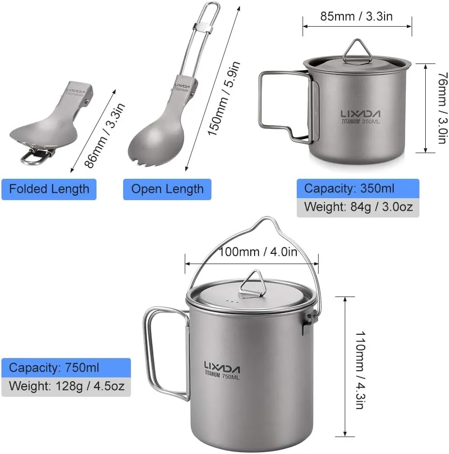 Lightweight Titanium 3 Pieces Set Titanium 750ml Pot 350ml Water Cup Mug with Lid Collapsible Handle Folding Spork for Outdoor Camping Hiking Backpacking