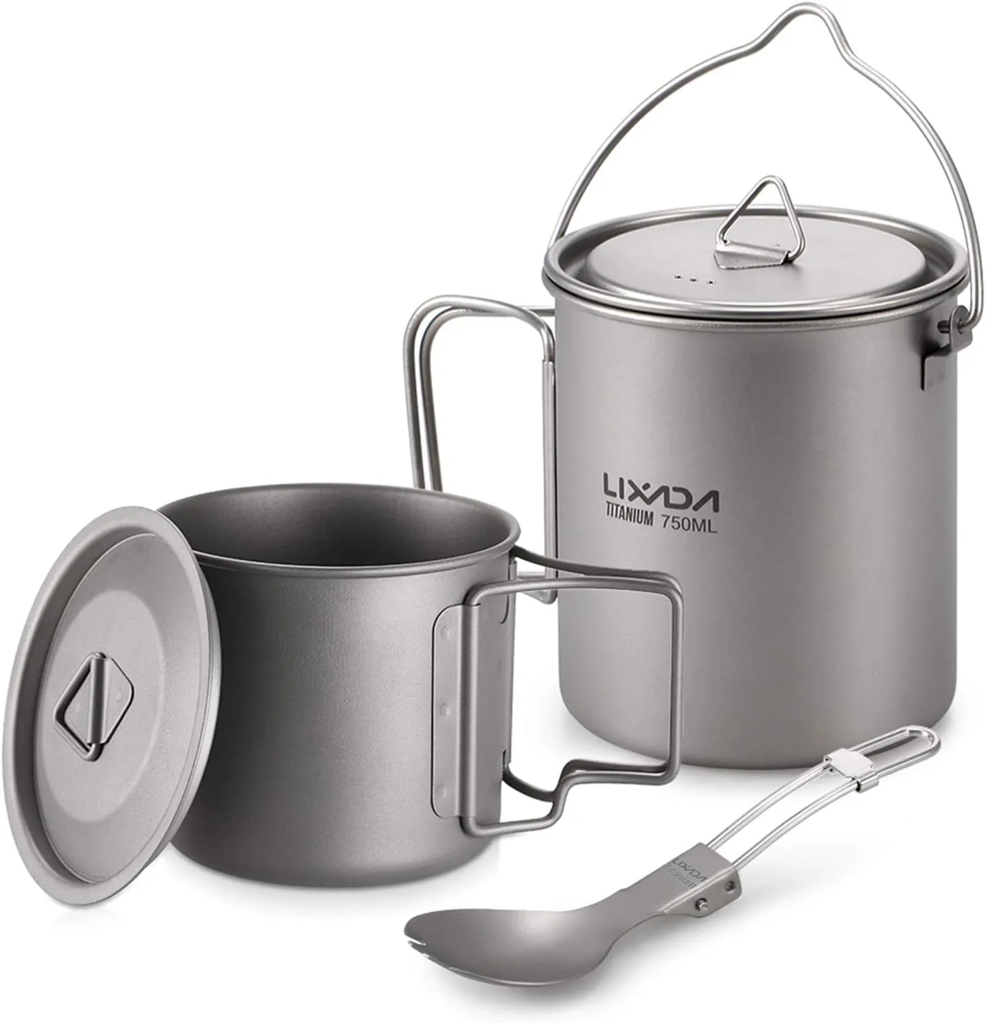 Lightweight Titanium 3 Pieces Set Titanium 750ml Pot 350ml Water Cup Mug with Lid Collapsible Handle Folding Spork for Outdoor Camping Hiking Backpacking