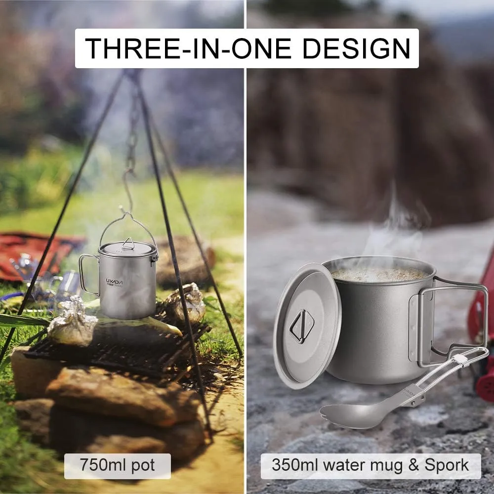 Lightweight Titanium 3 Pieces Set Titanium 750ml Pot 350ml Water Cup Mug with Lid Collapsible Handle Folding Spork for Outdoor Camping Hiking Backpacking