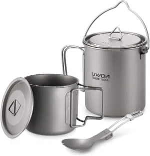Lightweight Titanium 3 Pieces Set Titanium 750ml Pot 350ml Water Cup Mug with Lid Collapsible Handle Folding Spork for Outdoor Camping Hiking Backpacking