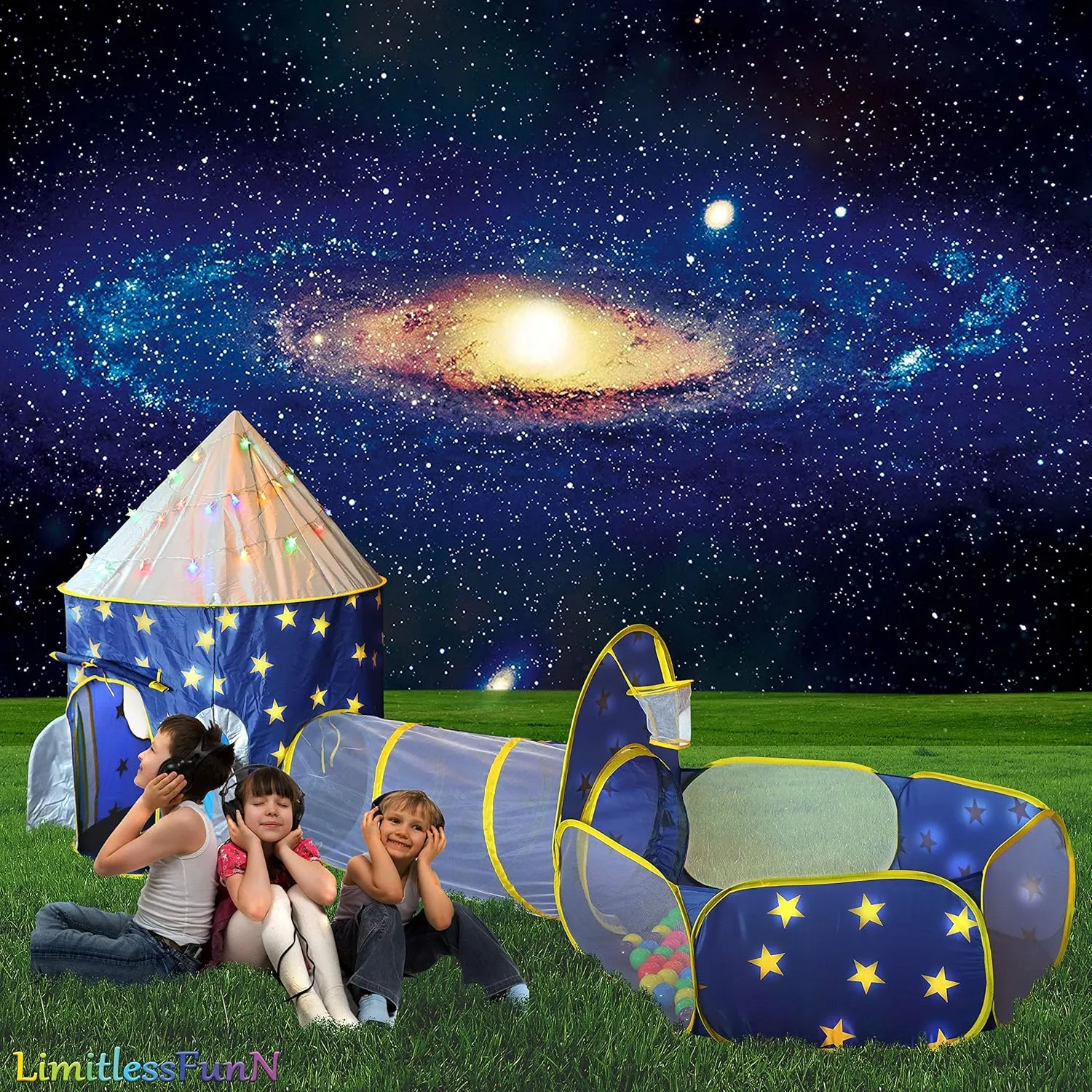 LimitlessFunN 4pc Space Rocket Ship Kids Pop Up Play Tent, Crawl Tunnel, Ball Pit | Includes Star Lights & Carrying Case |, Children Indoor Castle Playhouse for Boys, Toddlers, 47" D x 126" W x 53" H