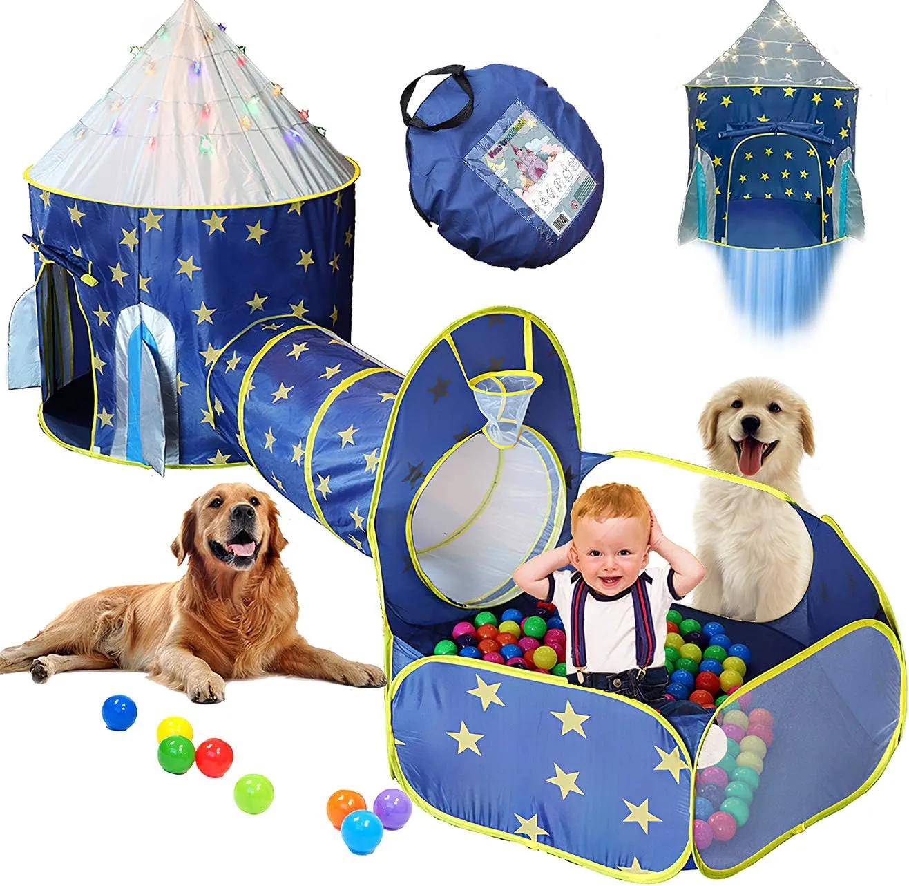 LimitlessFunN 4pc Space Rocket Ship Kids Pop Up Play Tent, Crawl Tunnel, Ball Pit | Includes Star Lights & Carrying Case |, Children Indoor Castle Playhouse for Boys, Toddlers, 47" D x 126" W x 53" H