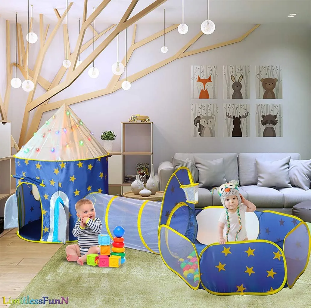 LimitlessFunN 4pc Space Rocket Ship Kids Pop Up Play Tent, Crawl Tunnel, Ball Pit | Includes Star Lights & Carrying Case |, Children Indoor Castle Playhouse for Boys, Toddlers, 47" D x 126" W x 53" H