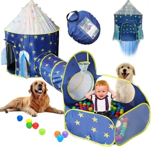 LimitlessFunN 4pc Space Rocket Ship Kids Pop Up Play Tent, Crawl Tunnel, Ball Pit | Includes Star Lights & Carrying Case |, Children Indoor Castle Playhouse for Boys, Toddlers, 47" D x 126" W x 53" H