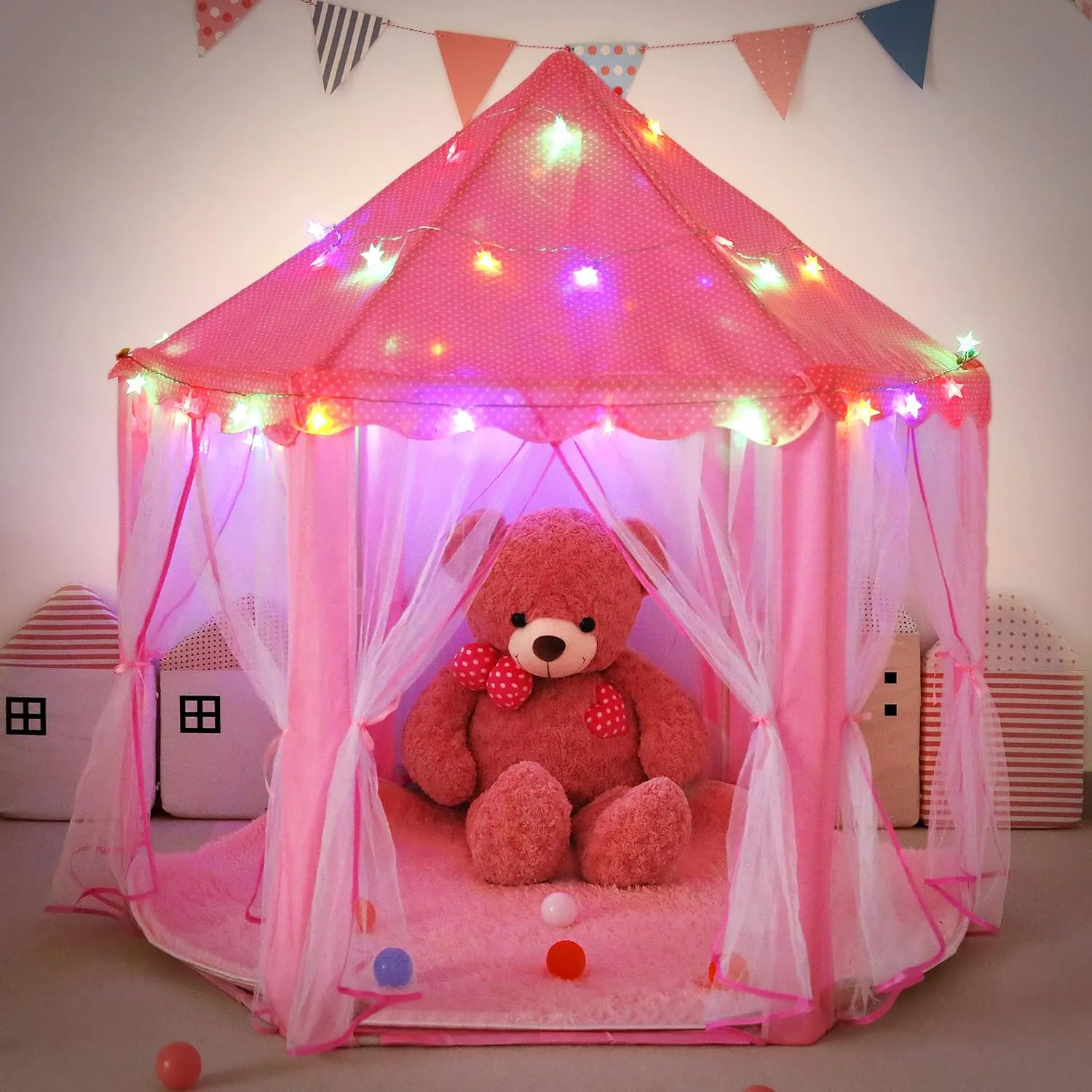 LimitlessFunN Hexagon Princess Play Tent | Includes Star Lights & Carrying Case |, Children Large Indoor Castle Playhouse for Girls, Toddlers, 55" D x 55" W x 53" H