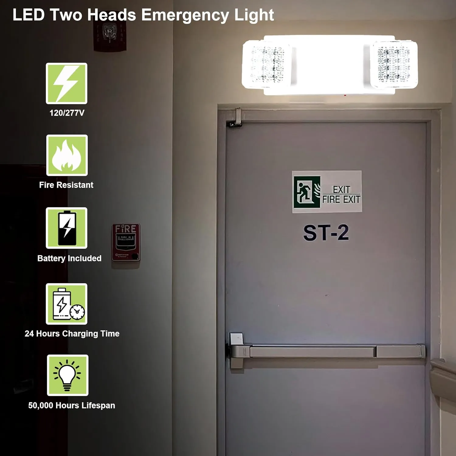 LIT-PaTH LED Emergency Lighting Fixtures with 2 LED Heads and Back Up Batteries- US Standard Exit Light, UL 924 and CEC Qualified, 120/277 Voltage, 1-Pack