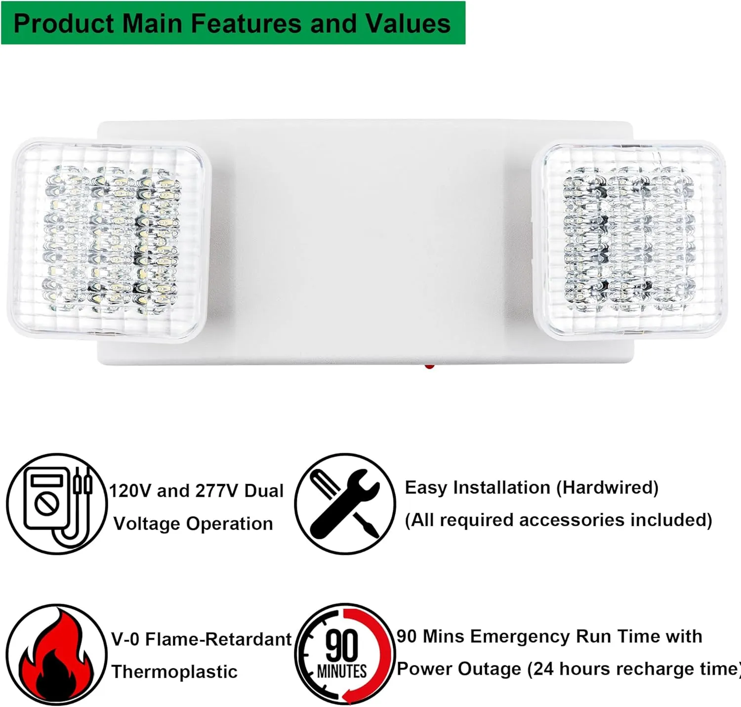 LIT-PaTH LED Emergency Lighting Fixtures with 2 LED Heads and Back Up Batteries- US Standard Exit Light, UL 924 and CEC Qualified, 120/277 Voltage, 4-Pack