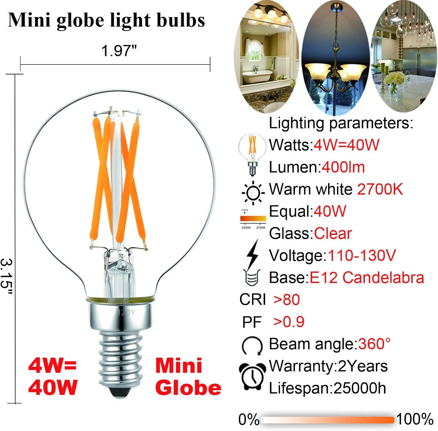 LiteHistory Dimmable g16.5 led Bulb e12 g16 1/2 led Candelabra Bulb 40w led Edison Bulb 2700K 400lm ac120v 4w g50 led Globe Bulb for Chandelier,Vanity and Ceiling Fan Light Bulbs 6Pack