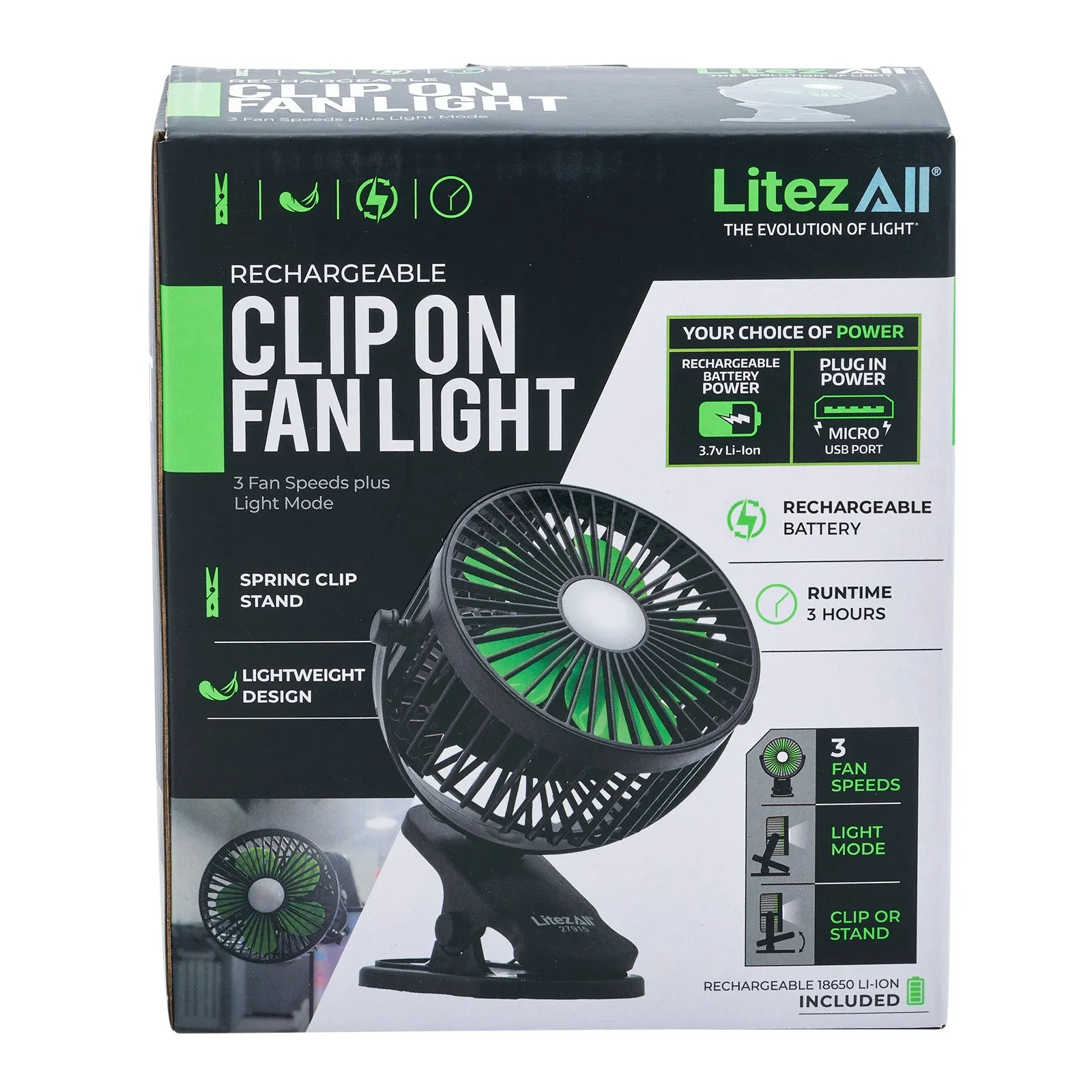 LitezAll Rechargeable Clip On Fan with Light