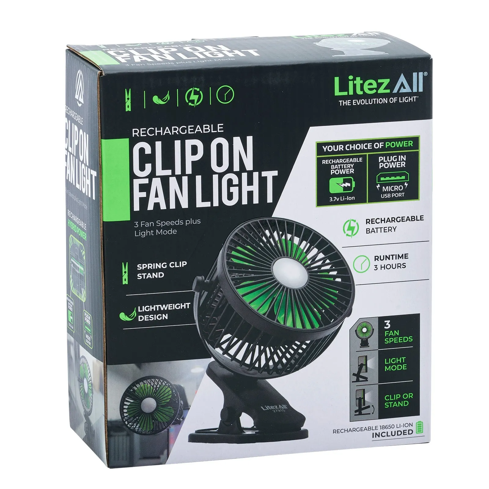 LitezAll Rechargeable Clip On Fan with Light